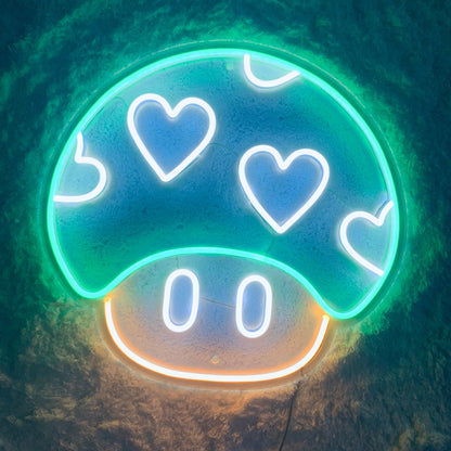 Super Mushroom with Hearts Neon Sign